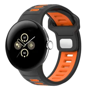 Replacement silicone sport watch strap compatible with Google Pixel Watch 3, black and orange.