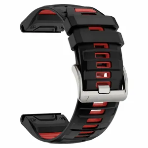 Detailed view of dual-color silicone replacement watch band with sturdy stainless steel buckle.