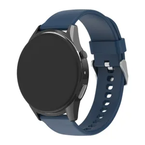 Runde Smartwatch mit dunkelblauem Silikonarmband und Silberschnalle, modernes tech gadget.