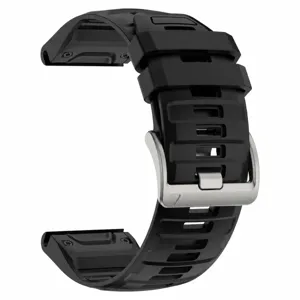 Black silicone replacement watch strap with stainless steel buckle, compatible with sports smartwatches.