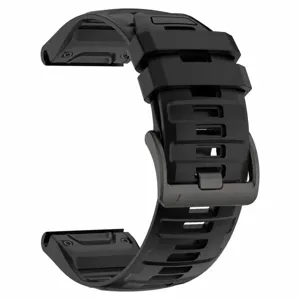 Black silicone watch strap replacement with stainless steel buckle and quickfit design.