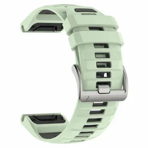 Silicone smartwatch replacement strap detail, breathable dual-row holes, stainless steel buckle.