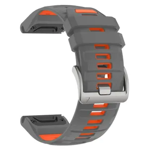 Silicone watch strap detail view, gray and orange dual color with stainless steel buckle.