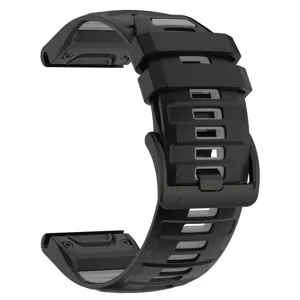 Detail view of black silicone watch strap with metal buckle and quickfit connector.