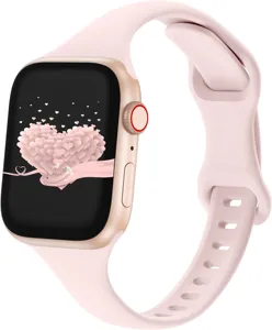 Silicone slim watch strap compatible with Apple Watch, soft pink replacement band for daily use.