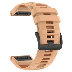 Detailed view of the dual-color silicone watch strap with quickfit design and buckle.