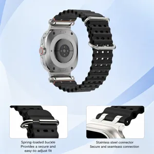 Silicone ocean watch strap detail showing stainless steel connector and adjustable clasp.