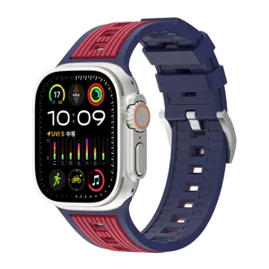 Silicone watch strap detail view, dual-color blue and red design, compatible with smartwatches.