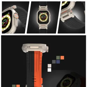 Detailed view of rugged metal case and striped silicone watch band compatible with Apple Watch Ultra SE.