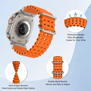 Orange silicone replacement watch band detail showing breathable holes and dual metal clasps.