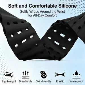 Detailed view of black silicone watch band featuring breathable holes and soft flexible texture.