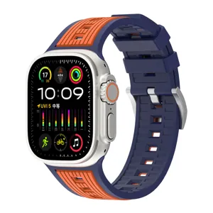 Silicone watch strap replacement compatible with Apple Watch Ultra SE series blue orange design.