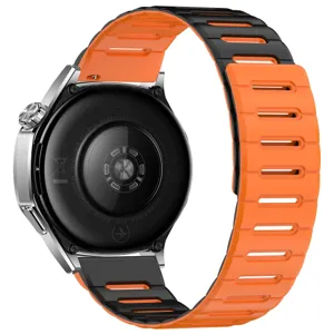 Silicone magnetic watch strap detail, dual color orange and black design, flexible compatible fit.