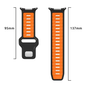 Silicone watch strap detail view, dual-tone orange and black design with precise length specs.