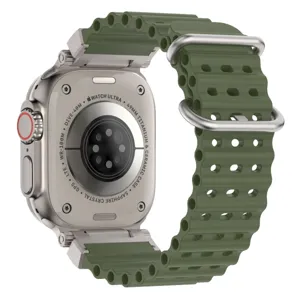Green silicone ocean watch band replacement for Apple Watch Ultra 49mm with metal buckle.
