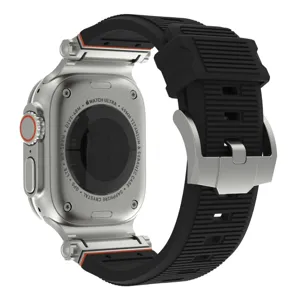 Silicone replacement watch band with metal case adapter compatible with Apple Watch Ultra series.