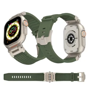 Silicone Watch Band With Mecha Metal Buckle Compatible With Smartwatch Stripe Replacement Strap Sport Wristband
