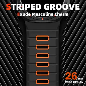 Close-up of black silicone watch strap with striped groove design, 26mm wide sports style.