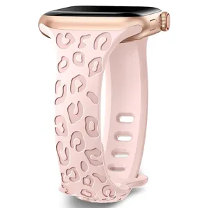 Engraved leopard print pink silicone watch band compatible with Apple Watch, stylish and durable.