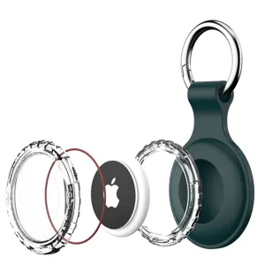 Silicone protective case for AirTag with crystal bumper ring, waterproof design and metal keychain.