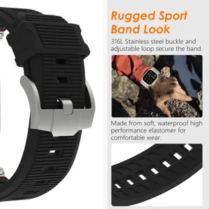 Black silicone rugged sport watch band detail, 316L stainless steel buckle texture close up.