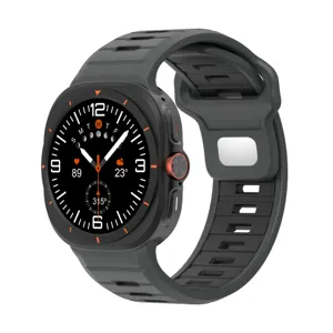 Detailed view of the rugged silicone watch strap in dark grey with textured design.