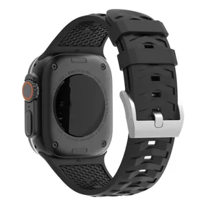 Black silicone watch strap and protective case with silver buckle, durable tire pattern design.