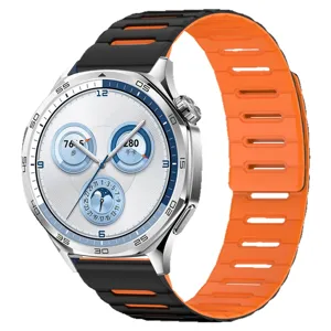 Dual-color silicone watch strap with metal smartwatch case and hollow sports design.