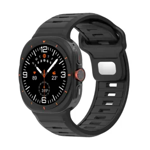 Rugged smart watch with black silicone strap and orange crown detail for sports and outdoor use.