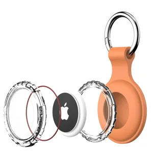 Exploded view of clear waterproof protective case and orange silicone holder for tracker.