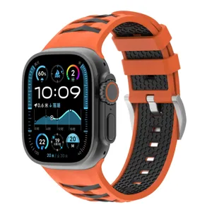 Silicone watch strap with tire pattern and silver buckle for sports smartwatch detail view.