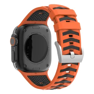 Silicone watch strap with tire tread pattern for Apple Watch Ultra, orange and black design.