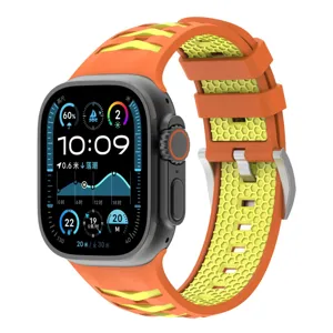 Silicone watch band for Apple Watch Ultra, orange with yellow honeycomb texture and steel buckle.