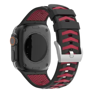 Silicone watch strap and case for Apple Watch Ultra, black and red tire texture design.