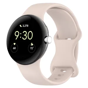 Smartwatch detail view showing round glass display, time, and comfortable silicone band.