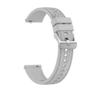 Silicone smart watch replacement band detail, grey strap with stainless steel buckle.
