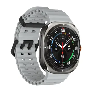 Silicone watch strap for Samsung Galaxy Watch Ultra, breathable perforated design, grey.