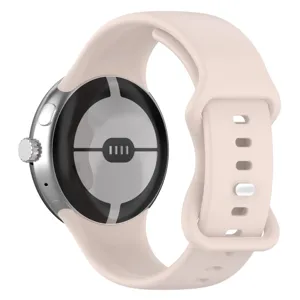 Silicone replacement watch band detailed view, soft pink strap with secure buckle, close-up shot.