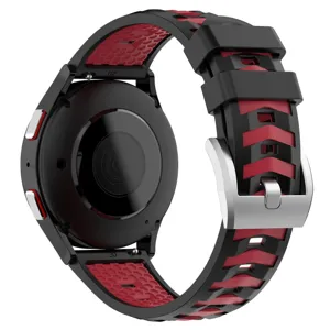 Detail shot of black and red silicone smartwatch strap with 20mm width and metal buckle.