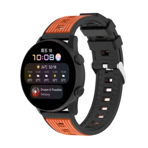 Detailed view of the smartwatch with dual-tone silicone strap, showing screen and buckle.