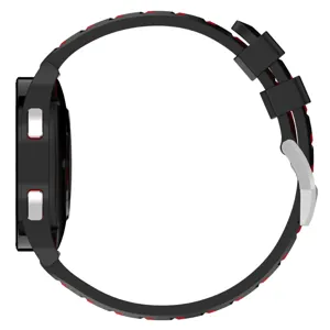 Silicone watch strap side detail close-up view, tire texture design in black and red style.