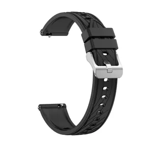Black silicone watch strap detail, universal 18mm replacement band with quick release.