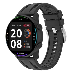 Black silicone smartwatch replacement strap and sleek digital display fitness tracker device.