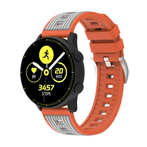 Silicone replacement watch band detail, dual-color vertical stripes, flexible and durable fit.