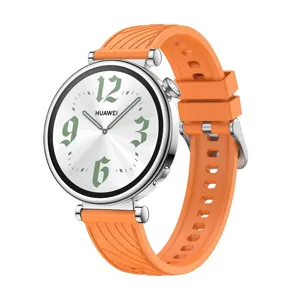 Replacement silicone strap for Huawei smartwatch with vibrant orange color and silver case.