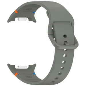 Silicone watch strap replacement detail view showcasing grey silicone material and secure buckle.