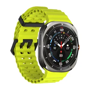 Bright yellow perforated silicone smartwatch strap replacement for sports and daily wear detail.
