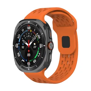 Orange perforated silicone watch strap compatible with smartwatches, breathable sport band.