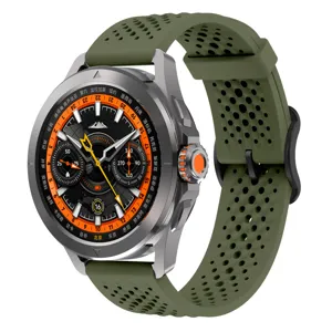 Nahaufnahme des 22 mm grünen, perforierten Silikon-Smartwatch-Armbands, langlebig, atmungsaktiv.