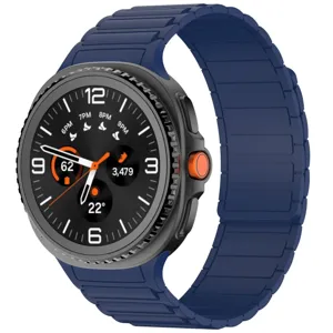 Blue silicone magnetic watch strap detail, textured design with durable clasp, smooth comfortable fit.